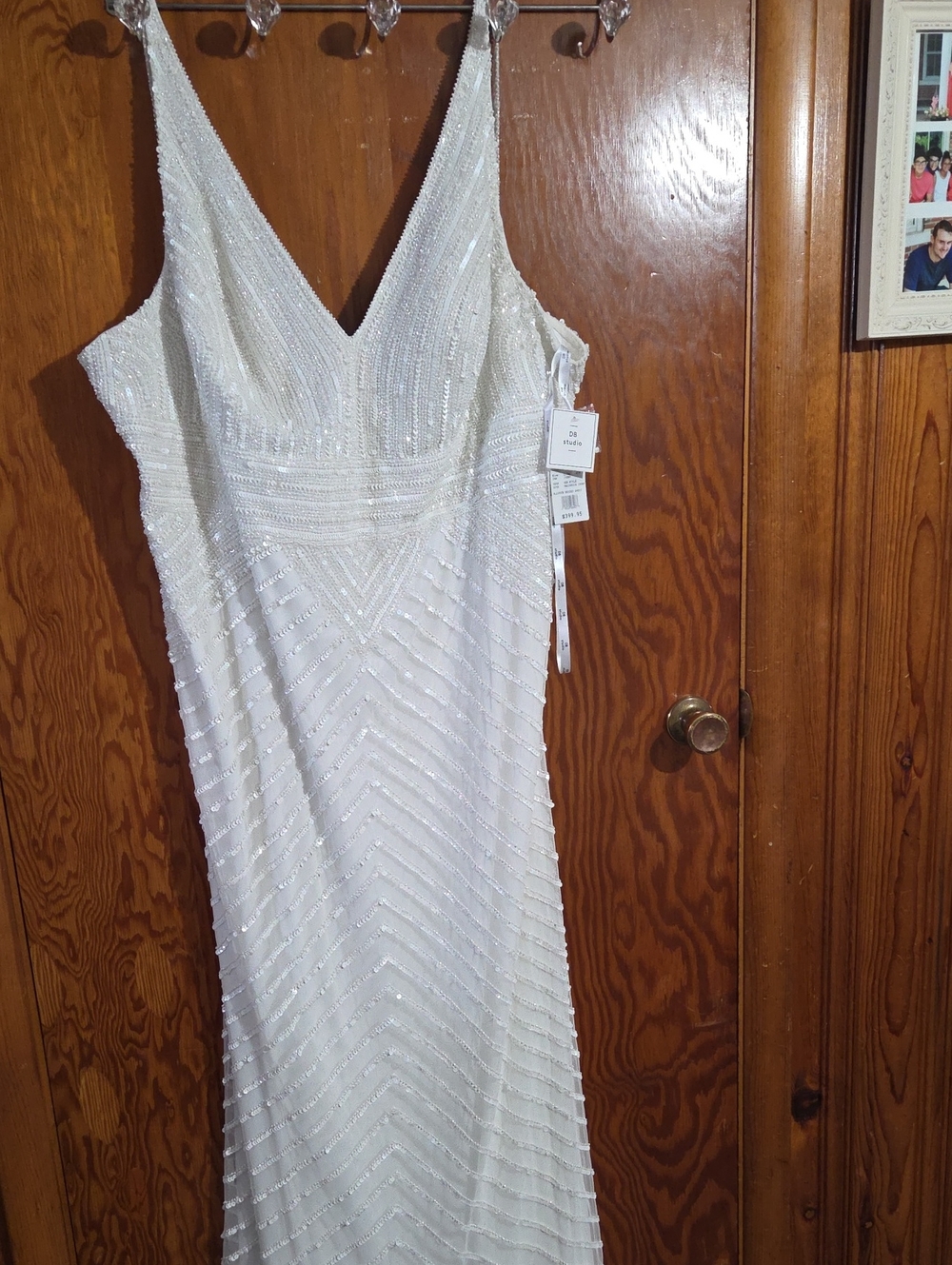 David's Bridal White Beaded V-Neck Wedding Gown